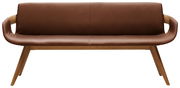 Braune Lederbank mit Holzbeinen, Frontalansicht