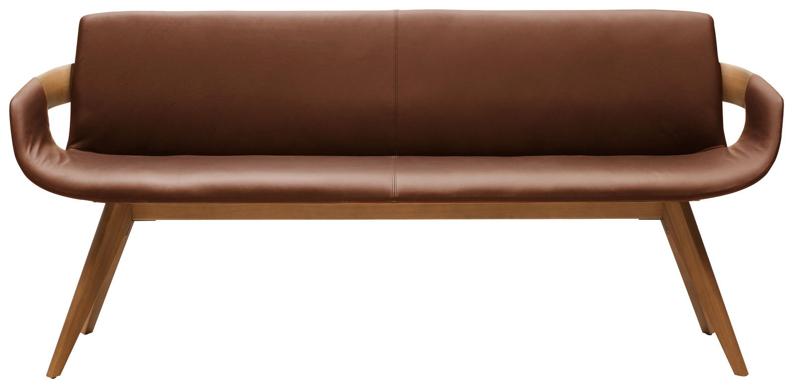 Braune Lederbank mit Holzbeinen, Frontalansicht