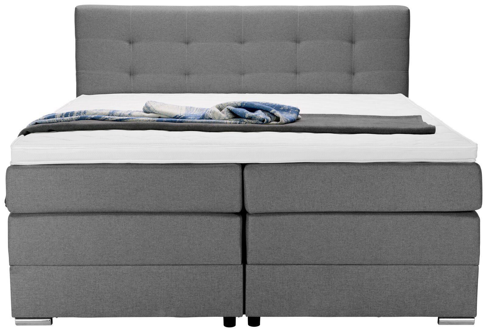 Graues Boxspringbett mit gestepptem Kopfteil, Vorderansicht
