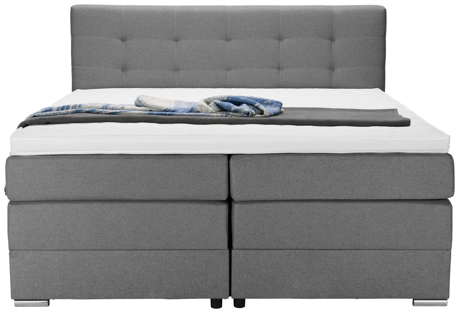 Graues Boxspringbett mit gestepptem Kopfteil, Vorderansicht