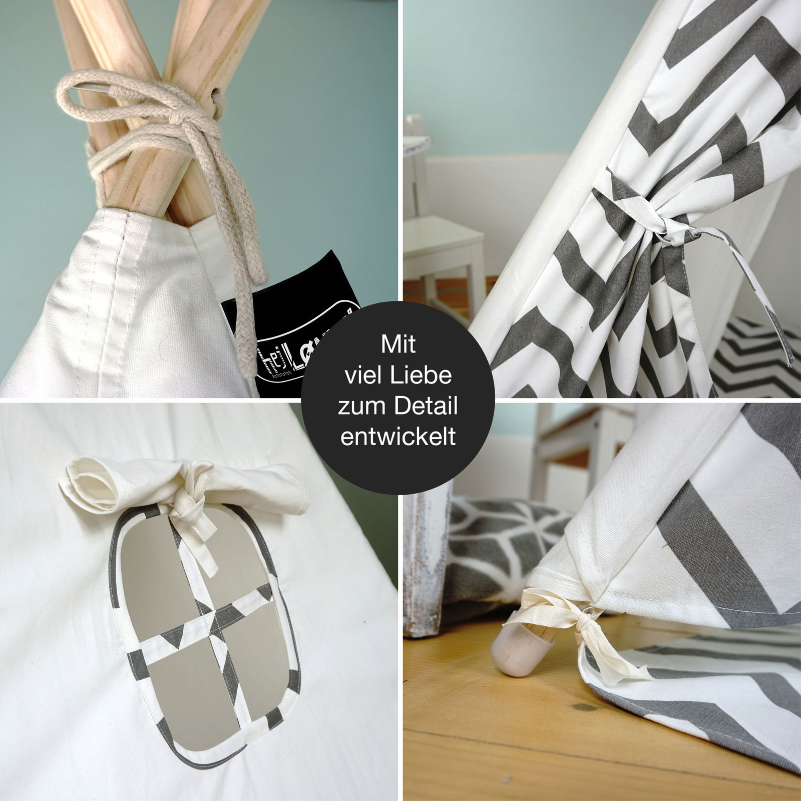 Detailansicht eines grauen Tipi-Zelts mit Zickzack-Muster, das mit viel Liebe zum Detail entwickelt wurde. Perspektive zeigt Nahaufnahmen von Knoten, Fenster und Stoffmuster.