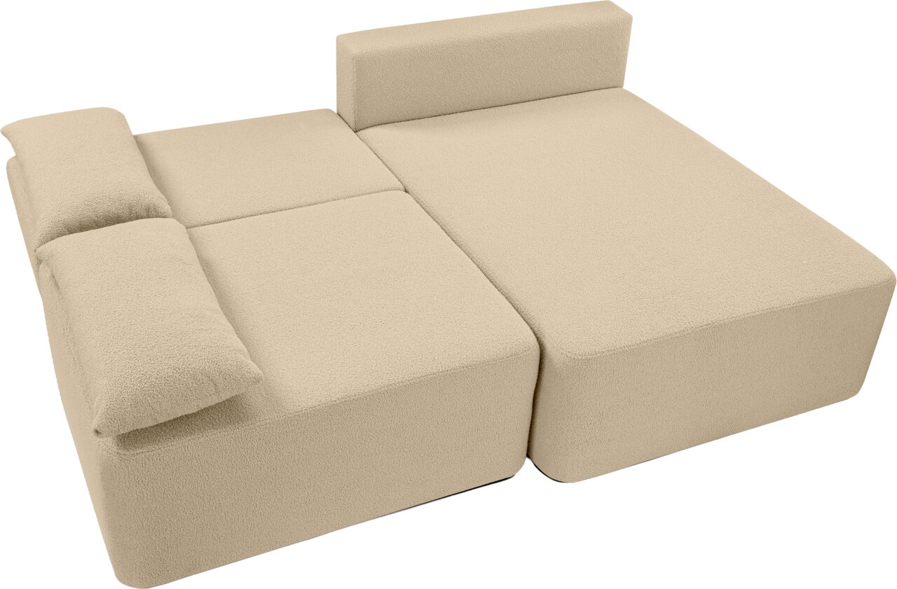 Beige Schlafsofa in L-Form, von oben betrachtet, mit zwei Rückenkissen und einer Armlehne.