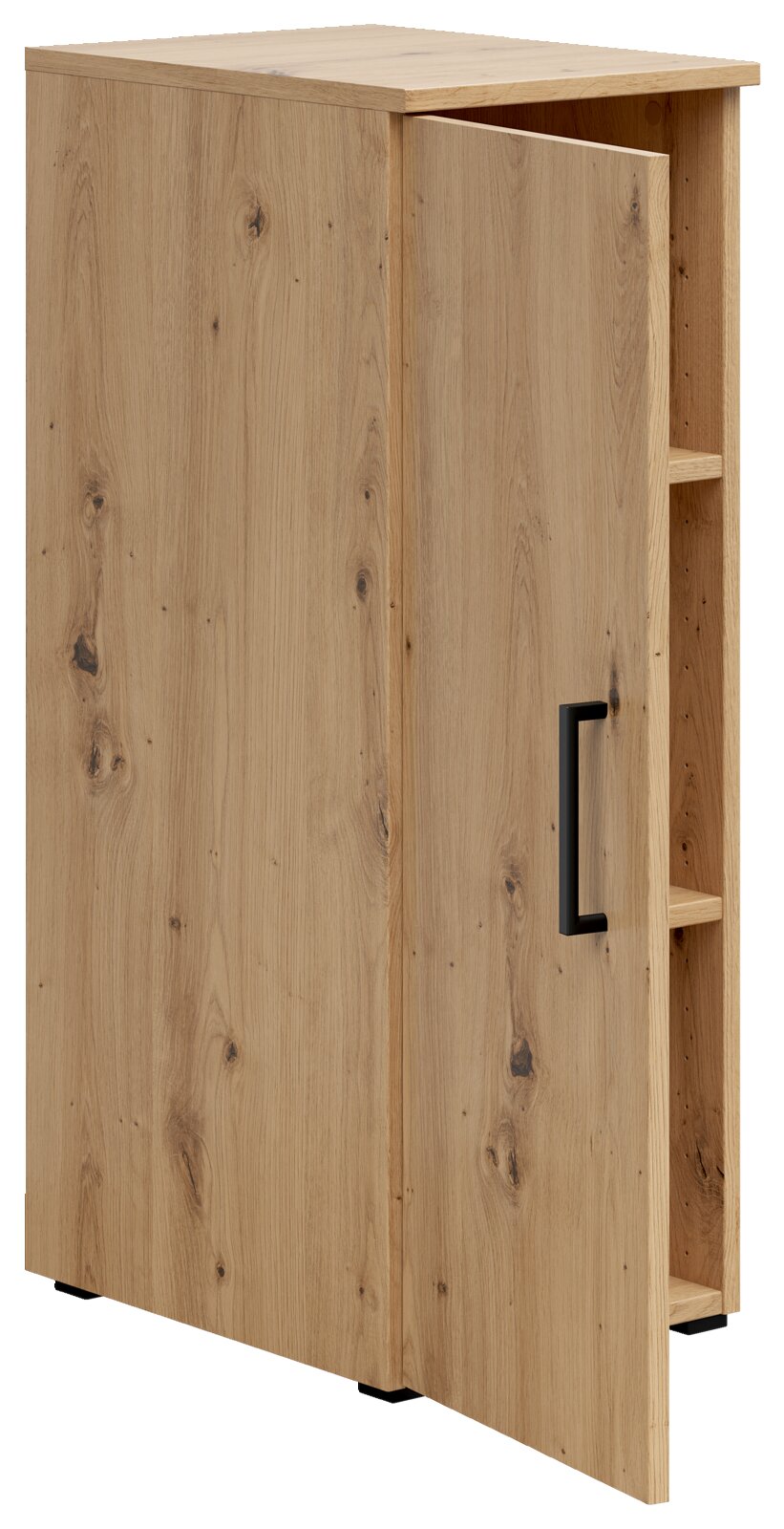 Mehrzweckschrank aus Holz mit geöffneter Tür, seitliche Perspektive