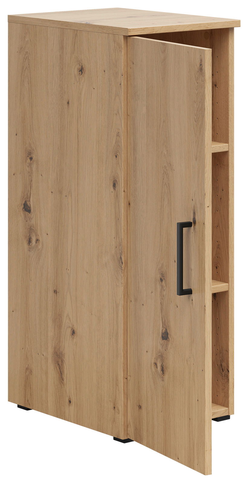 Mehrzweckschrank aus Holz mit geöffneter Tür, seitliche Perspektive