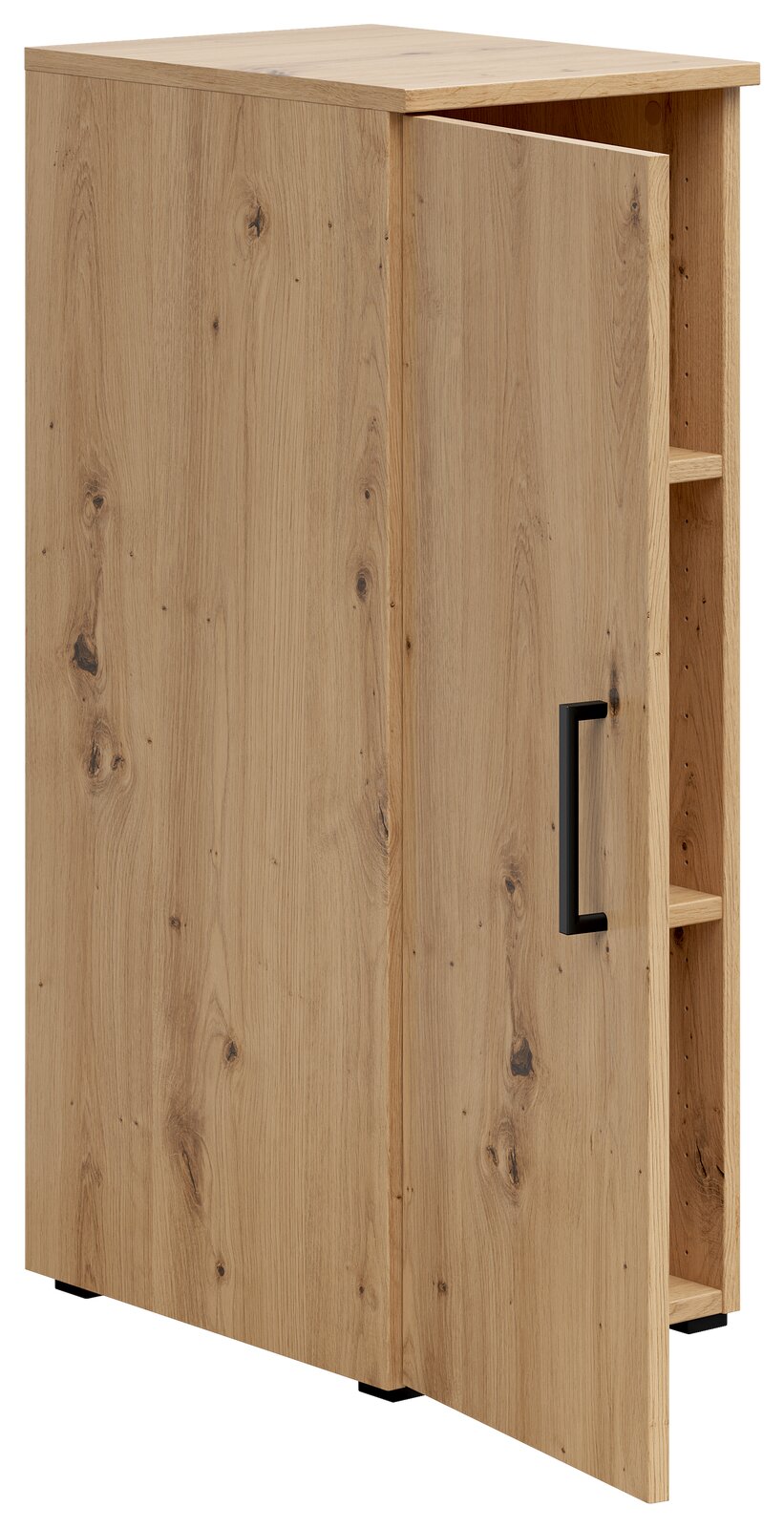 Mehrzweckschrank aus Holz mit geöffneter Tür, seitliche Perspektive