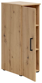 Mehrzweckschrank aus Holz mit geöffneter Tür, seitliche Perspektive