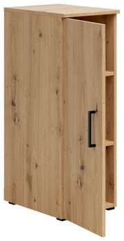 Mehrzweckschrank aus Holz mit geöffneter Tür, seitliche Perspektive