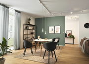 Moderne Wohnzimmerszene mit URAIL Beleuchtungssystem an der Decke, Blick von der Seite.