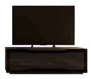 Frontansicht eines modernen TV-Lowboards mit einem großen Flachbildfernseher darauf.