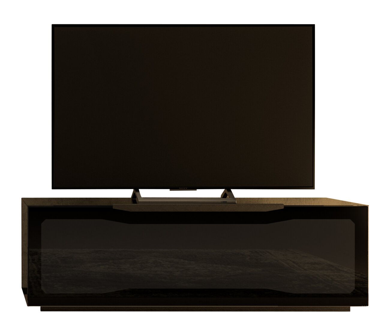 Frontansicht eines modernen TV-Lowboards mit einem großen Flachbildfernseher darauf.