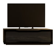 Frontansicht eines modernen TV-Lowboards mit einem großen Flachbildfernseher darauf.