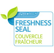 Logo mit der Aufschrift 'Freshness Seal' und 'Couvercle Fraîcheur', mit einem blauen Hintergrund und grünen Blättern, aus der Vorderansicht.