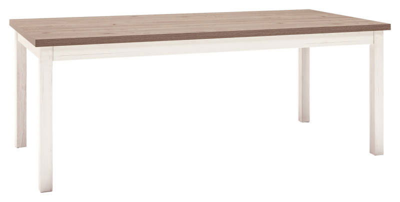 Moderner Esstisch mit Holzplatte und weißen Beinen, seitliche Perspektive