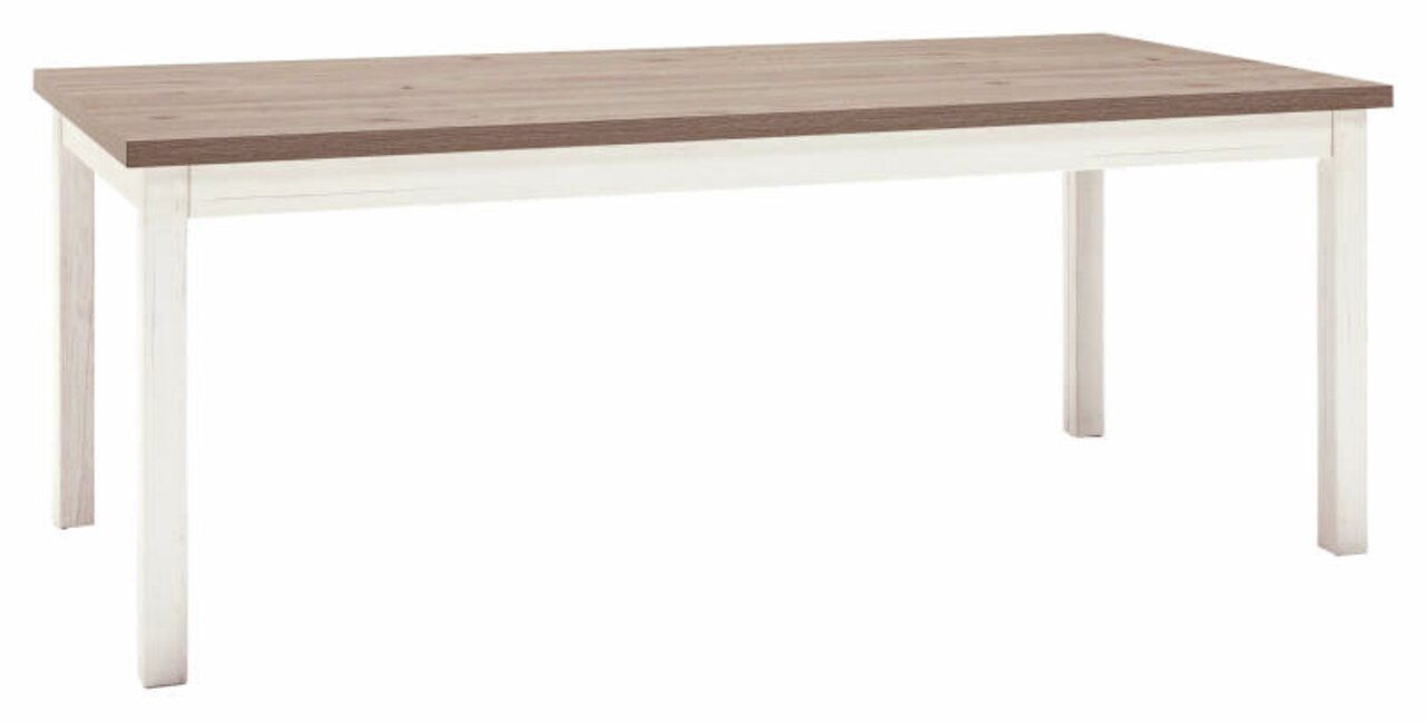 Moderner Esstisch mit Holzplatte und weißen Beinen, seitliche Perspektive