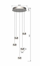 Moderne LED-Pendelleuchte mit fünf hängenden Leuchtkörpern, seitliche Perspektive