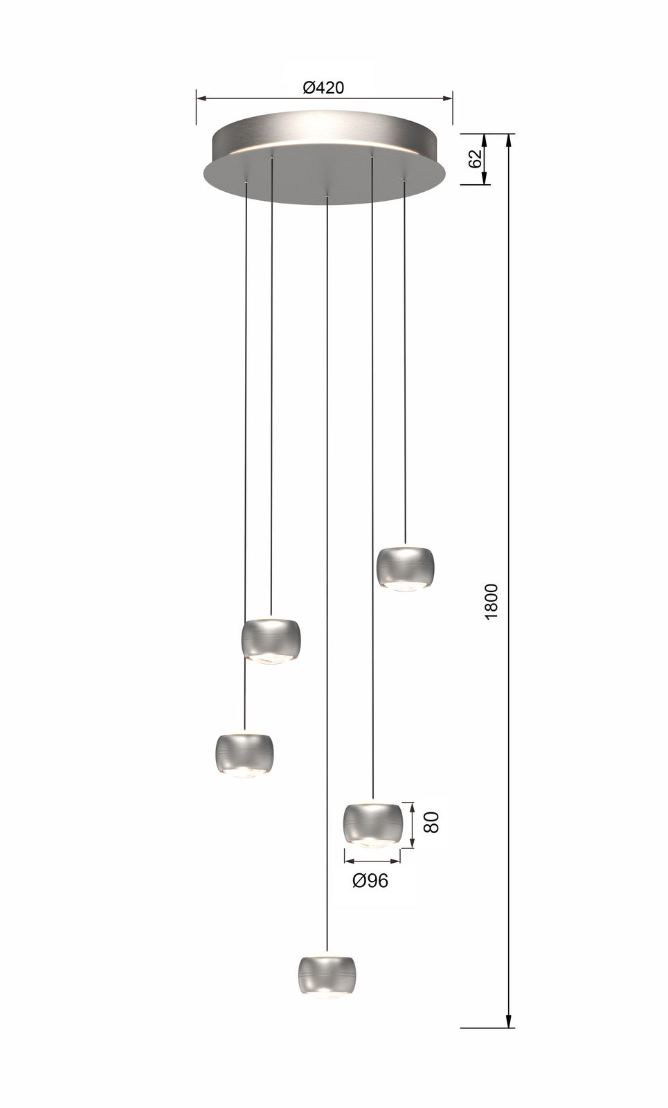 Moderne LED-Pendelleuchte mit fünf hängenden Leuchtkörpern, seitliche Perspektive