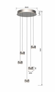 Moderne LED-Pendelleuchte mit fünf hängenden Leuchtkörpern, seitliche Perspektive