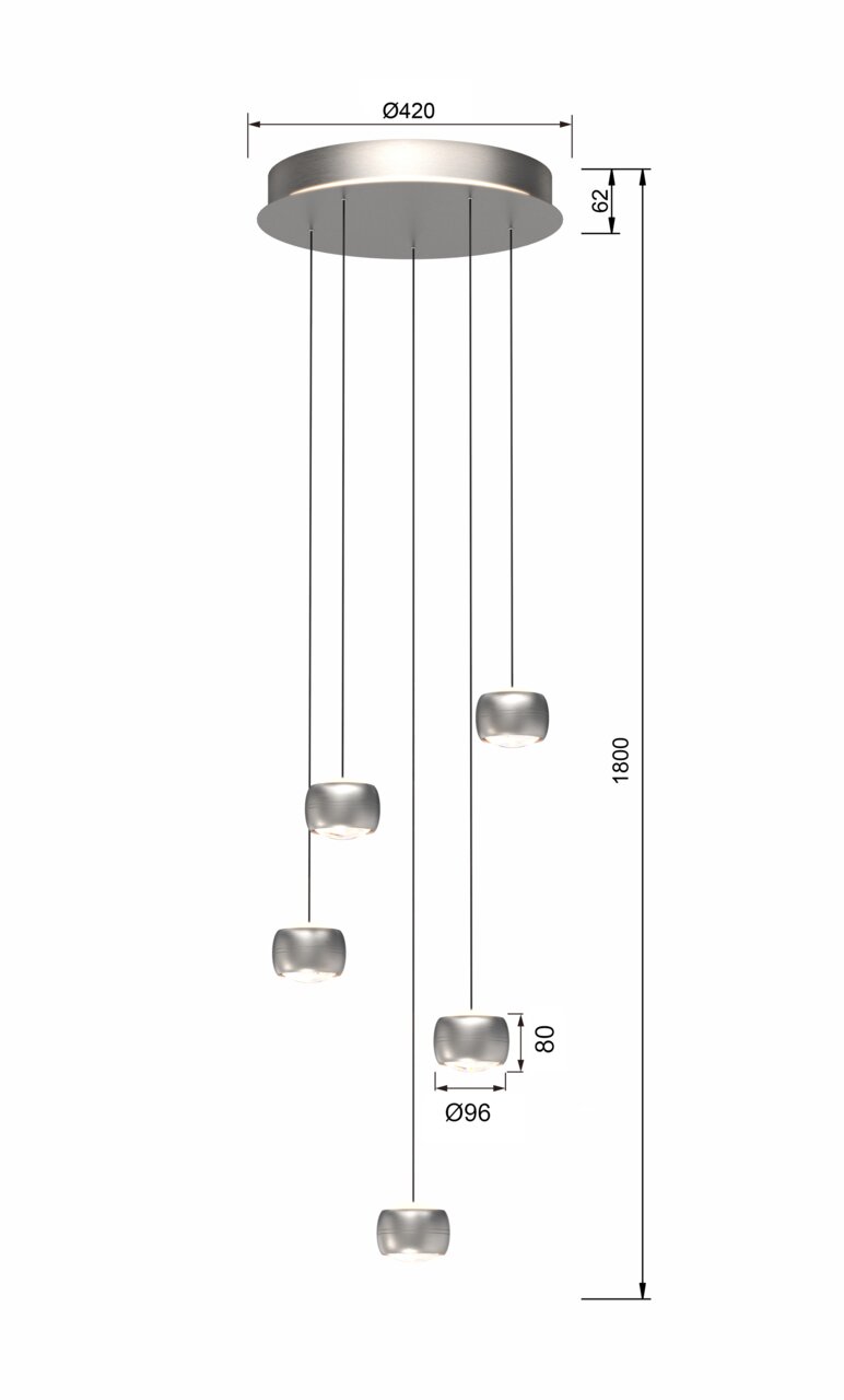Moderne LED-Pendelleuchte mit fünf hängenden Leuchtkörpern, seitliche Perspektive