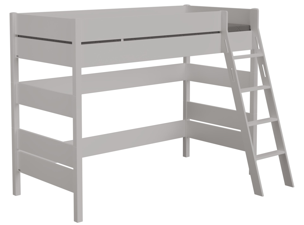 Weißes Spielbett mit Leiter, seitliche Perspektive