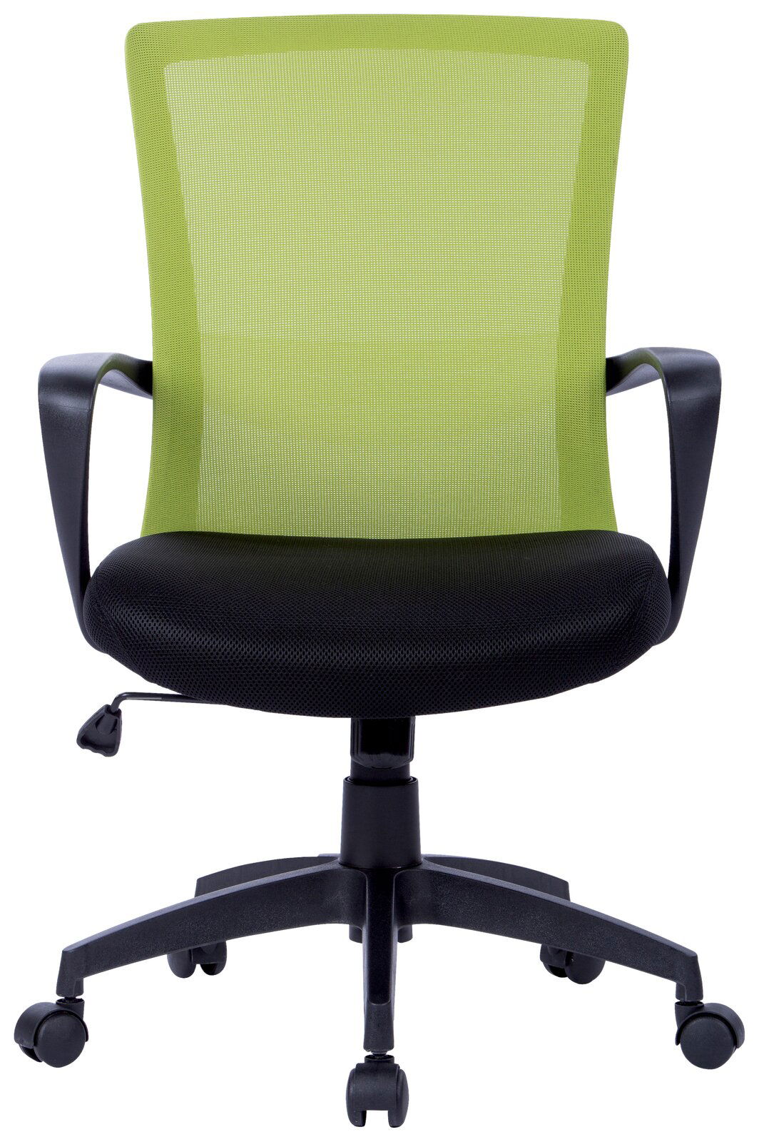Moderner grüner Drehstuhl mit schwarzem Sitzpolster, Vorderansicht