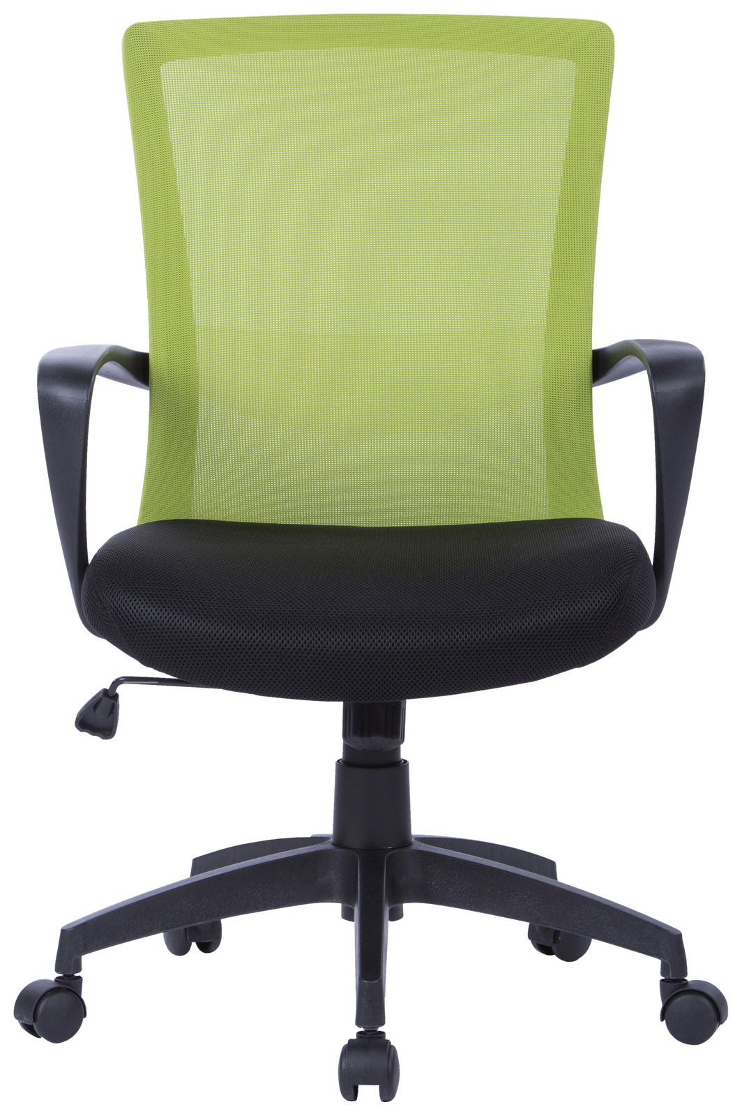 Moderner grüner Drehstuhl mit schwarzem Sitzpolster, Vorderansicht