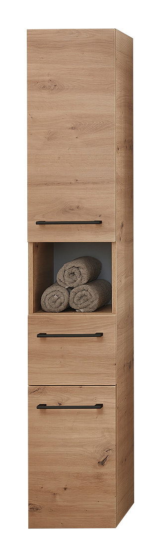 Hochschrank aus Holz mit drei Schubladen und einem offenen Fach, gefüllt mit Handtüchern, in Frontalansicht.