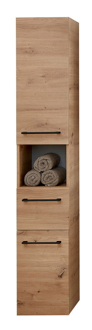 Sadena Hochschrank Türanschlag links PLAKA Hochschrank aus Holz mit drei Schubladen und einem offenen Fach, gefüllt mit Handtüchern, in Frontalansicht.