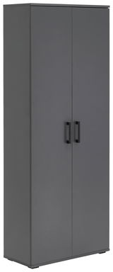 Grauer XL-Schuhschrank mit zwei Türen und schwarzen Griffen, seitliche Perspektive