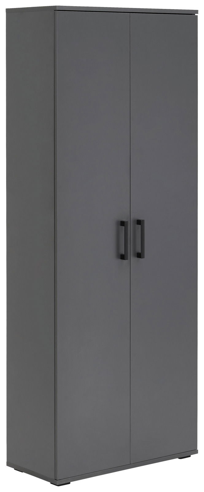 Grauer XL-Schuhschrank mit zwei Türen und schwarzen Griffen, seitliche Perspektive