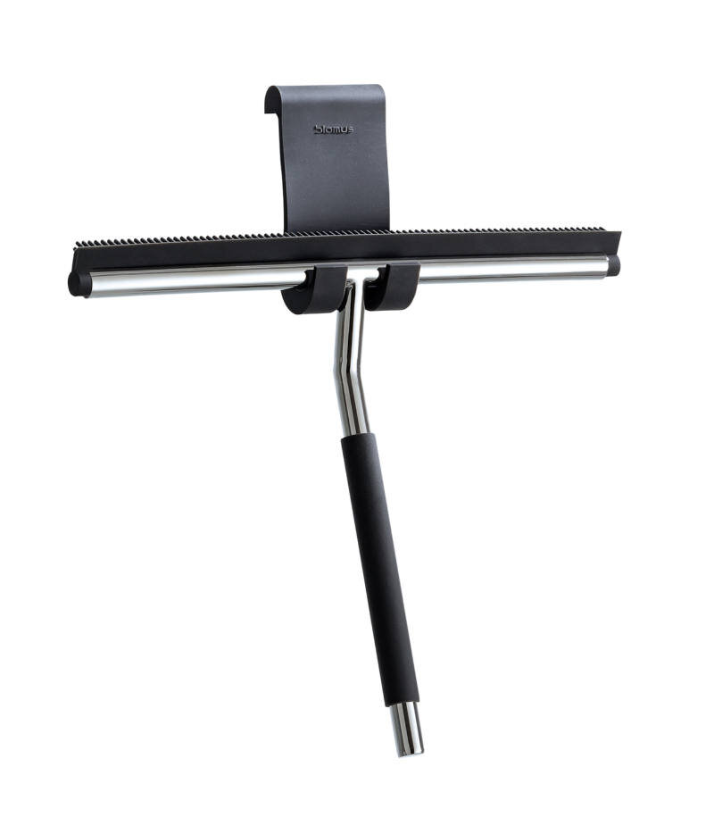 Moderner Duschwischer mit schwarzem Griff und Halterung, seitliche Perspektive