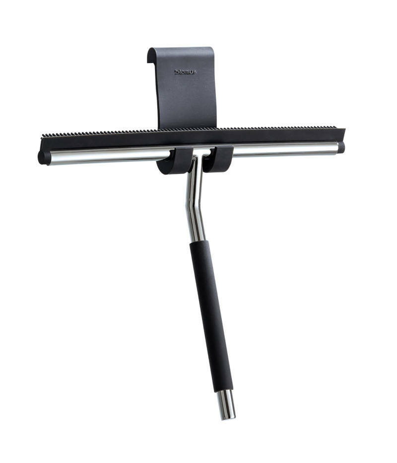 Moderner Duschwischer mit schwarzem Griff und Halterung, seitliche Perspektive