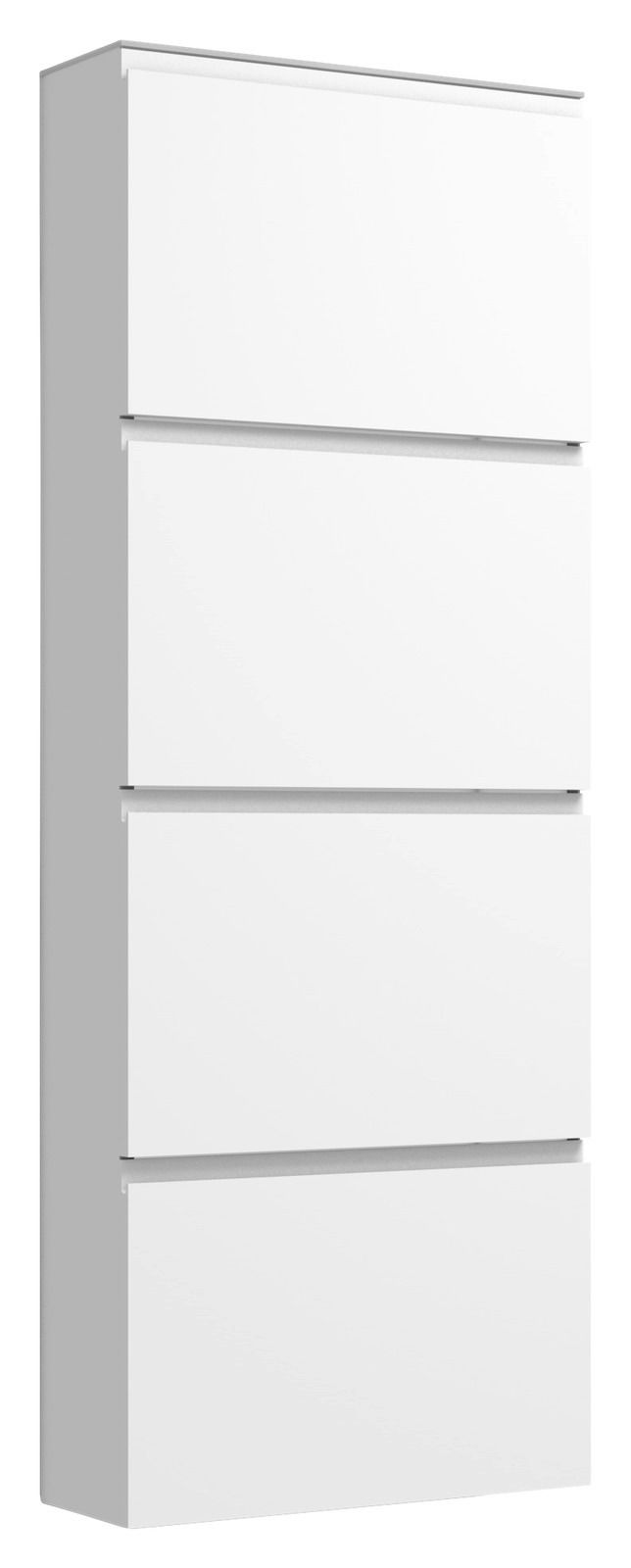 Weißer Hängeschuhschrank mit vier Klappen, seitliche Perspektive