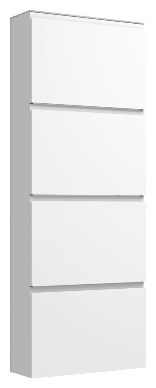 Weißer Hängeschuhschrank mit vier Klappen, seitliche Perspektive