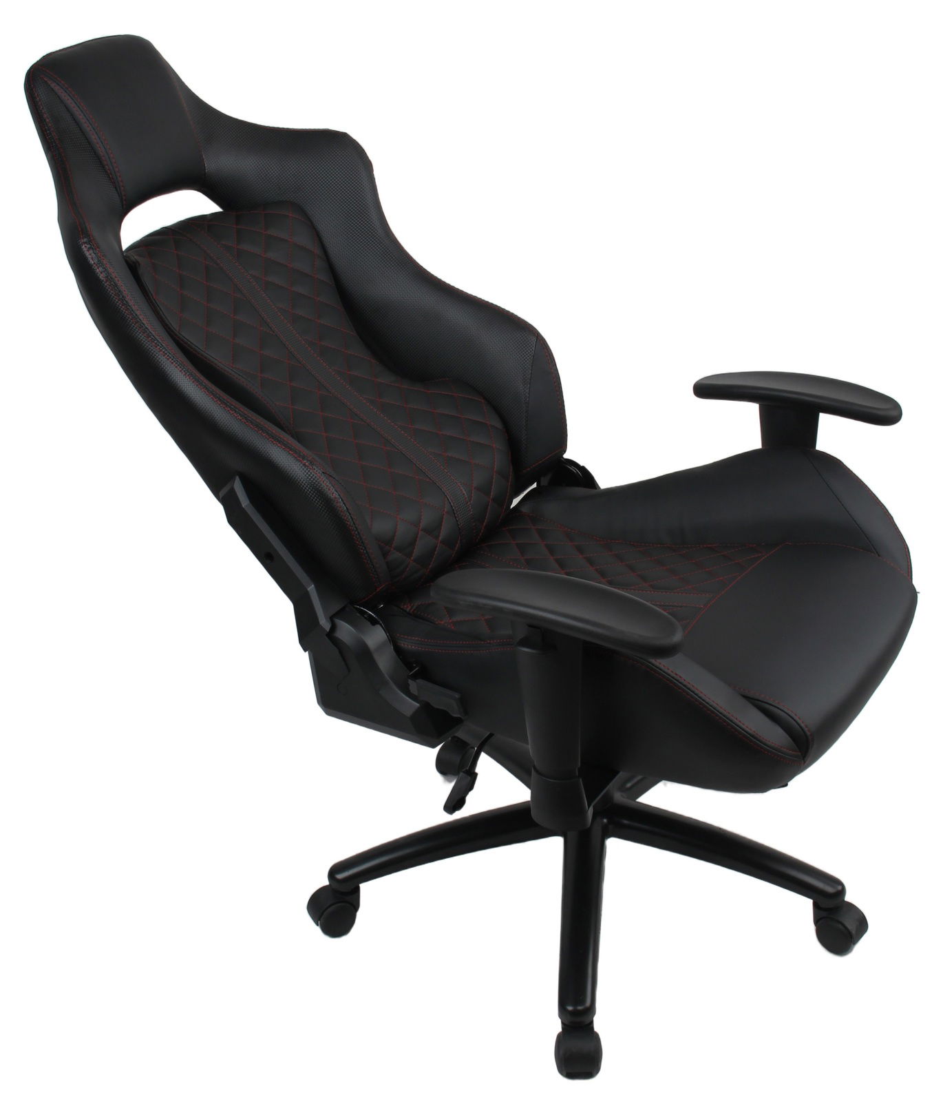 Schwarzer Gaming Stuhl mit roten Nähten, seitliche Perspektive