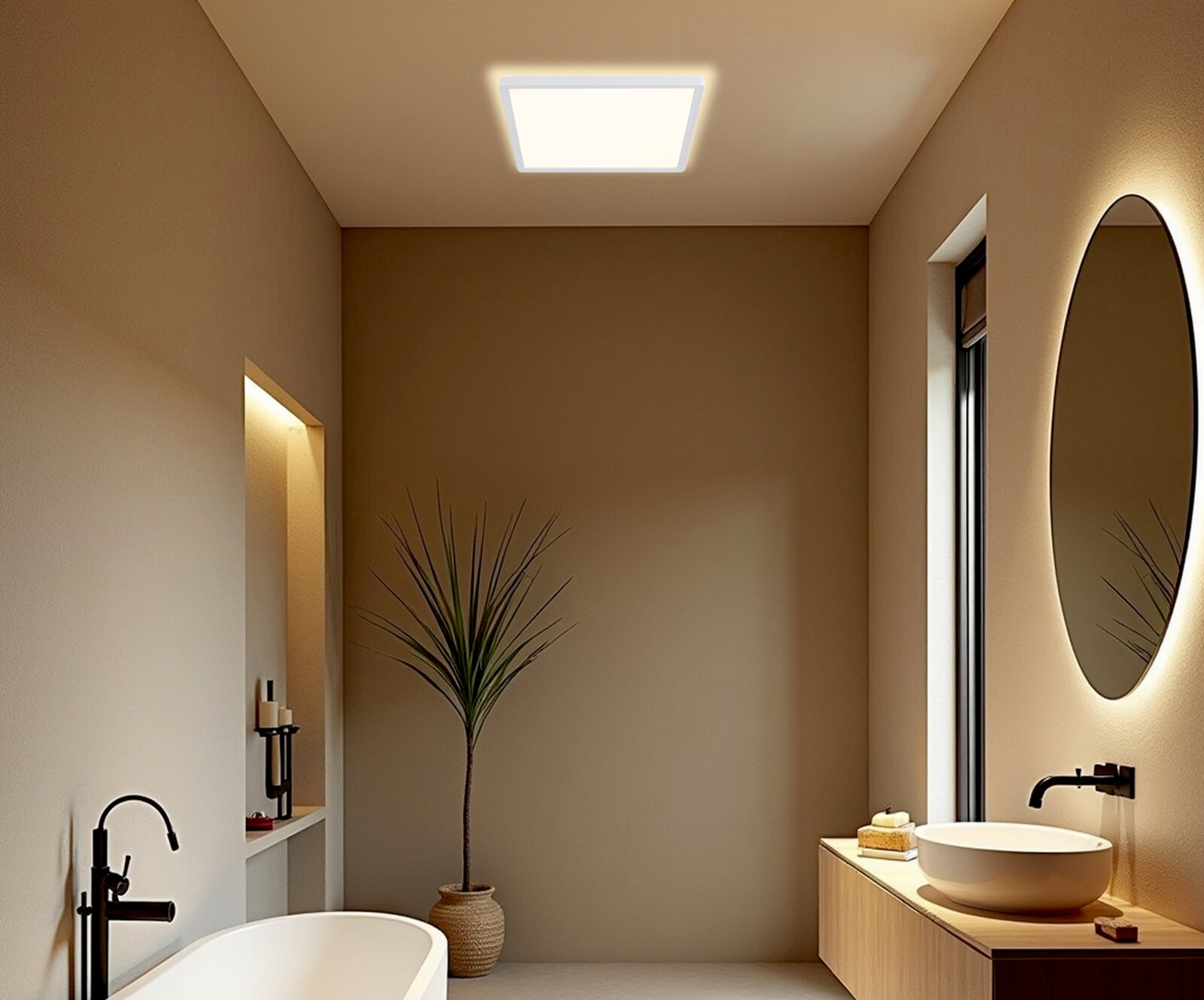 Modernes Badezimmer mit quadratischer LED-Deckenleuchte, ovalem beleuchtetem Spiegel und Holz-Waschtisch, aufgenommen aus leicht erhöhter Perspektive nach oben zur Decke.