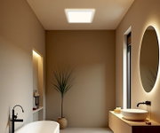 Modernes Badezimmer mit quadratischer LED-Deckenleuchte, ovalem beleuchtetem Spiegel und Holz-Waschtisch, aufgenommen aus leicht erhöhter Perspektive nach oben zur Decke.