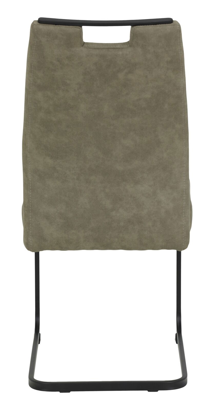 Rückansicht eines Schwingstuhls mit olivgrünem Bezug und schwarzem Metallgestell.