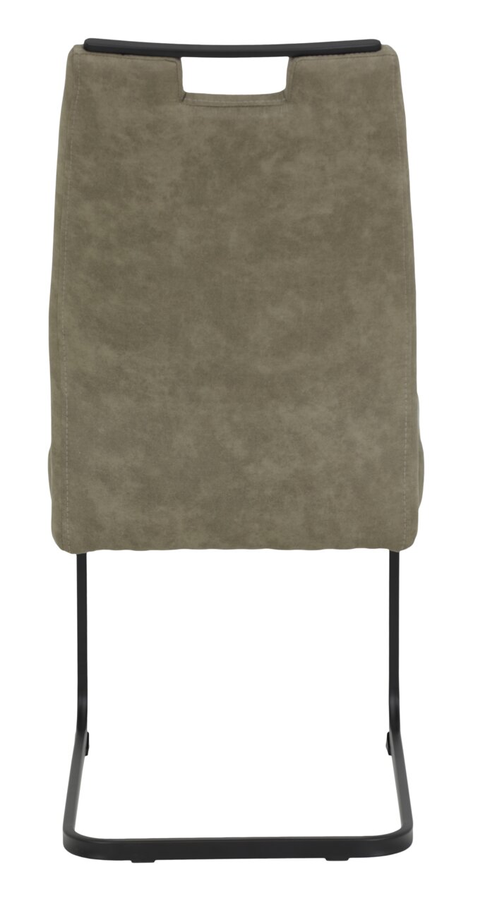 Achterkant van een schommelstoel met olijfgroene bekleding en een zwart metalen frame.