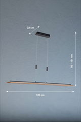 Moderne Pendelleuchte in seitlicher Perspektive mit verstellbarer Höhe von 93 bis 151 cm, Breite 125 cm und Tiefe 22 cm.