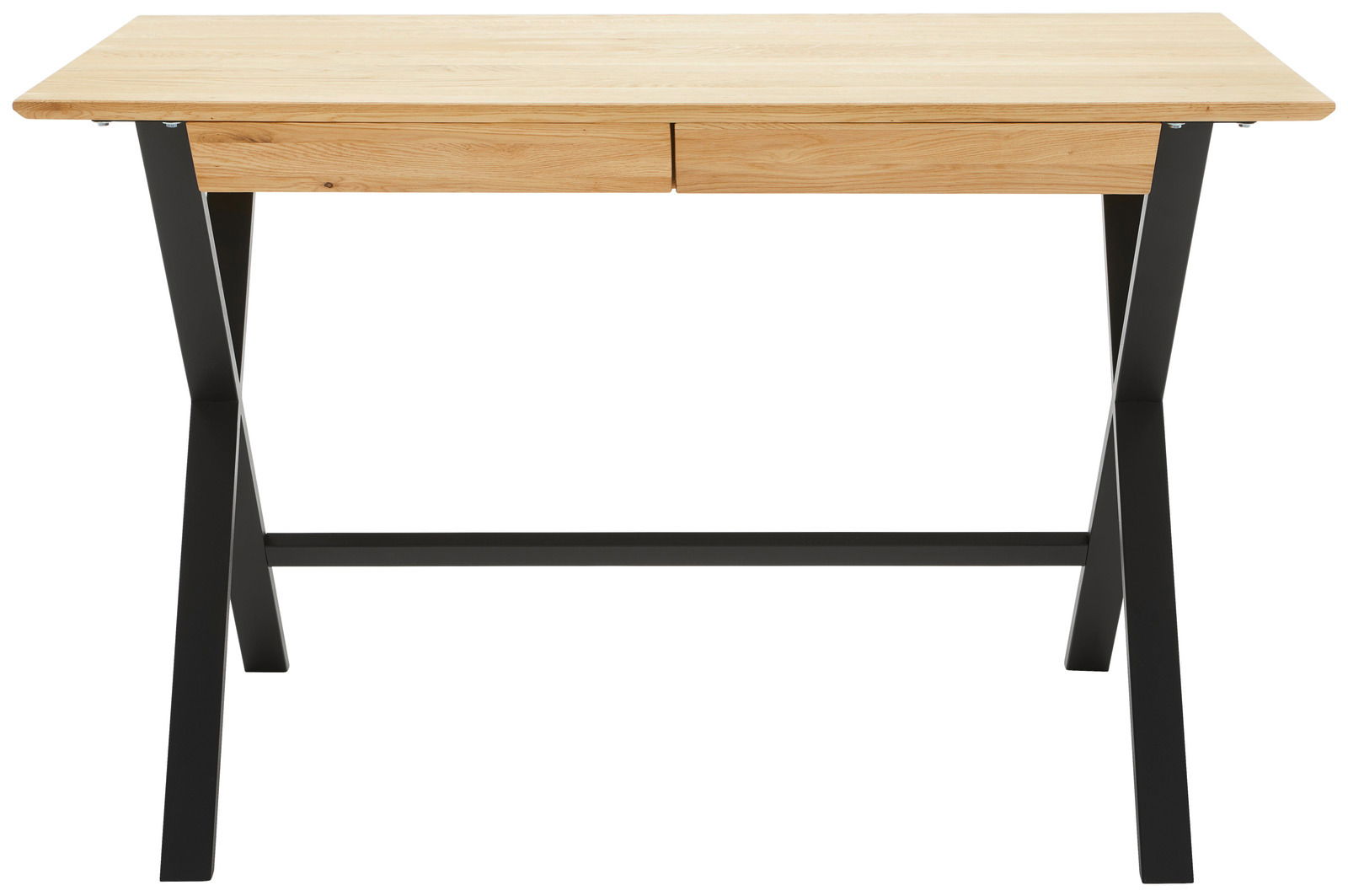 Moderner Schreibtisch mit Holzplatte und schwarzen Metallbeinen, Frontalansicht