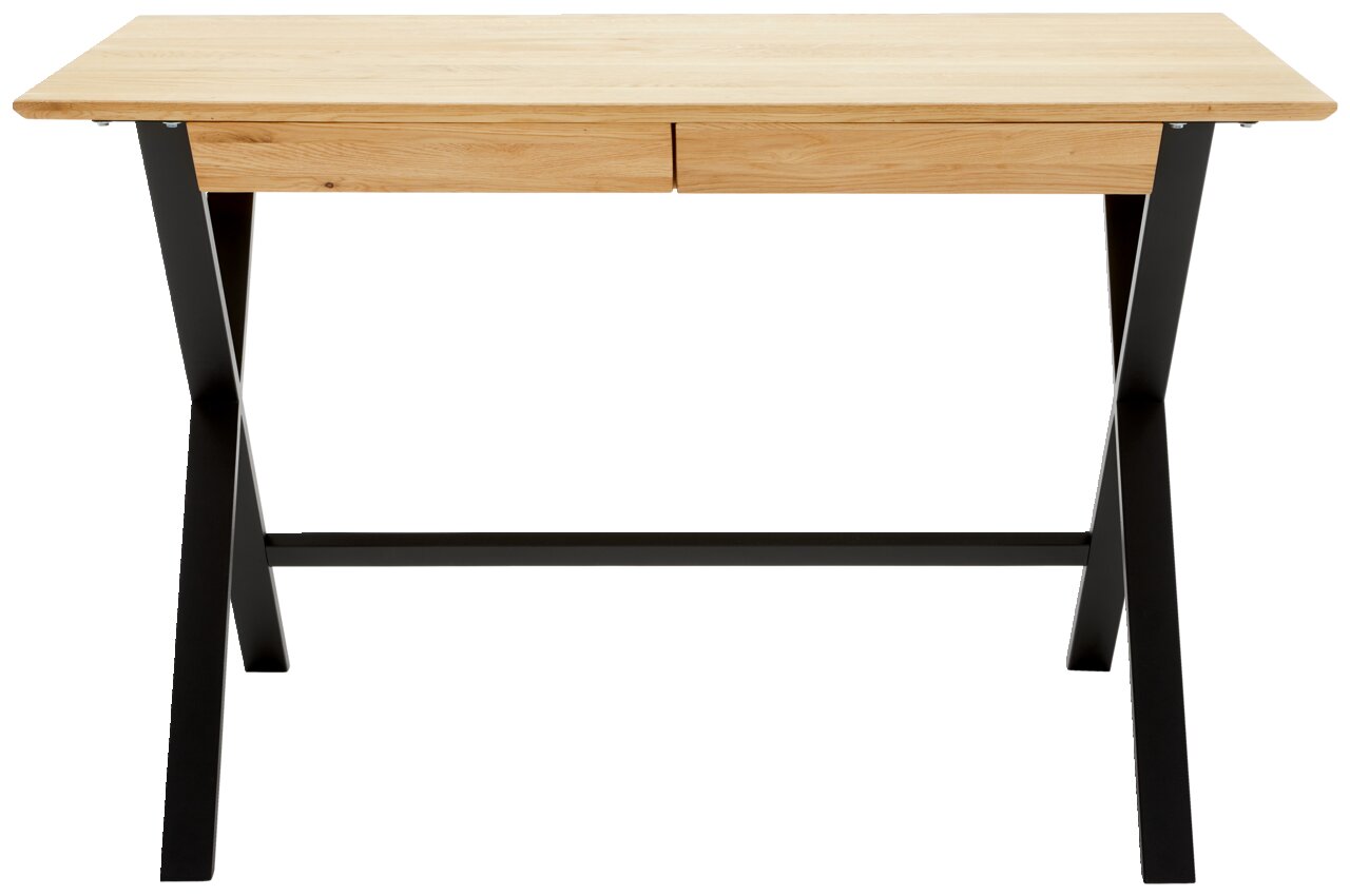 Moderner Schreibtisch mit Holzplatte und schwarzen Metallbeinen, Frontalansicht