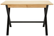Moderner Schreibtisch mit Holzplatte und schwarzen Metallbeinen, Frontalansicht
