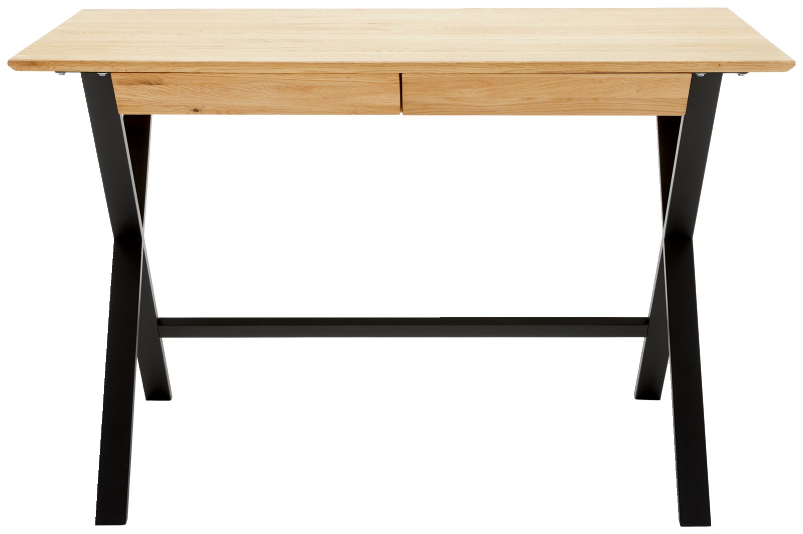 Modern bureau met houten blad en zwarte metalen poten, vooraanzicht