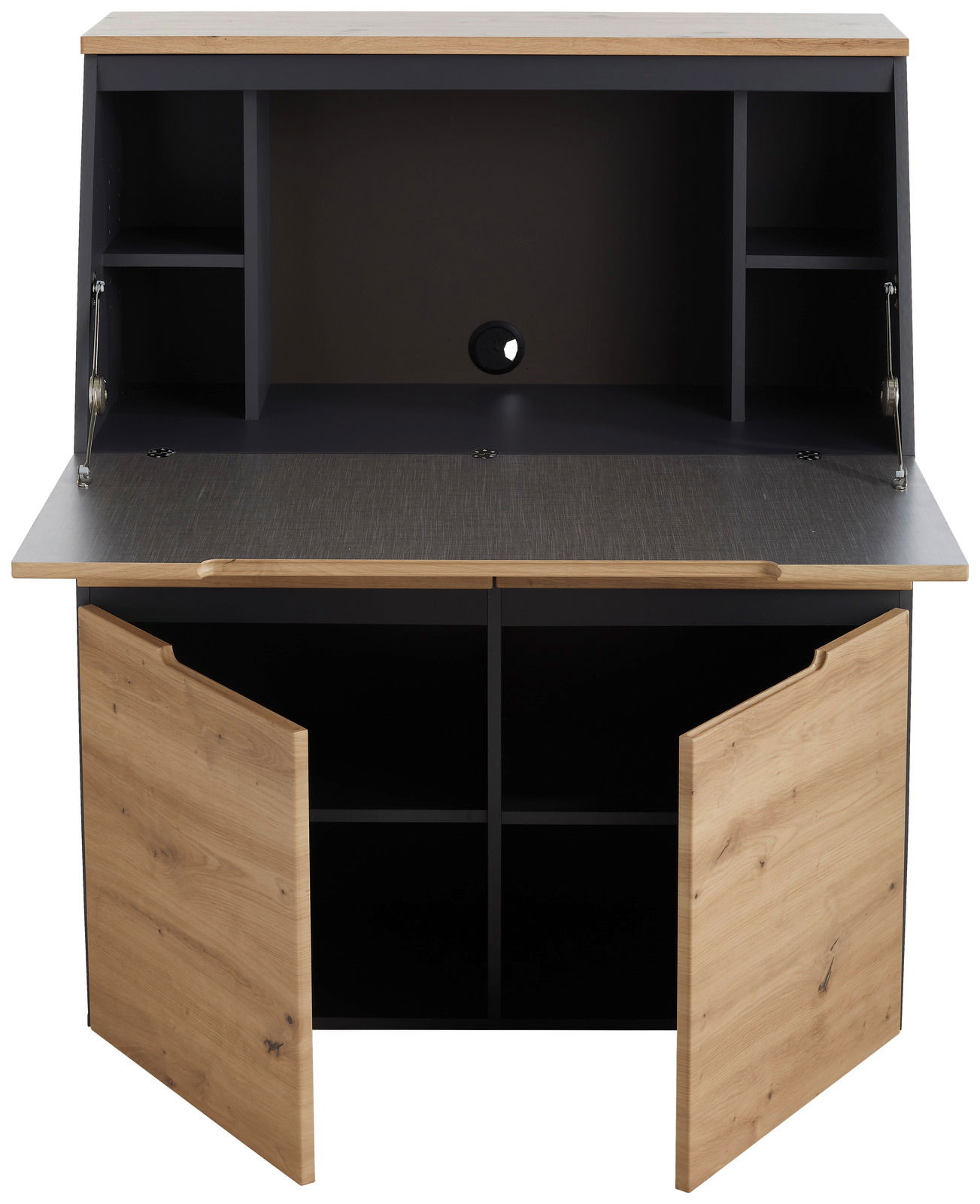 Moderner Sekretär mit geöffneter Arbeitsfläche und Schranktüren, aus Holz und dunklem Material, frontal betrachtet.