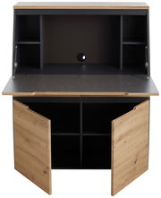 Moderner Sekretär mit geöffneter Arbeitsfläche und Schranktüren, aus Holz und dunklem Material, frontal betrachtet.