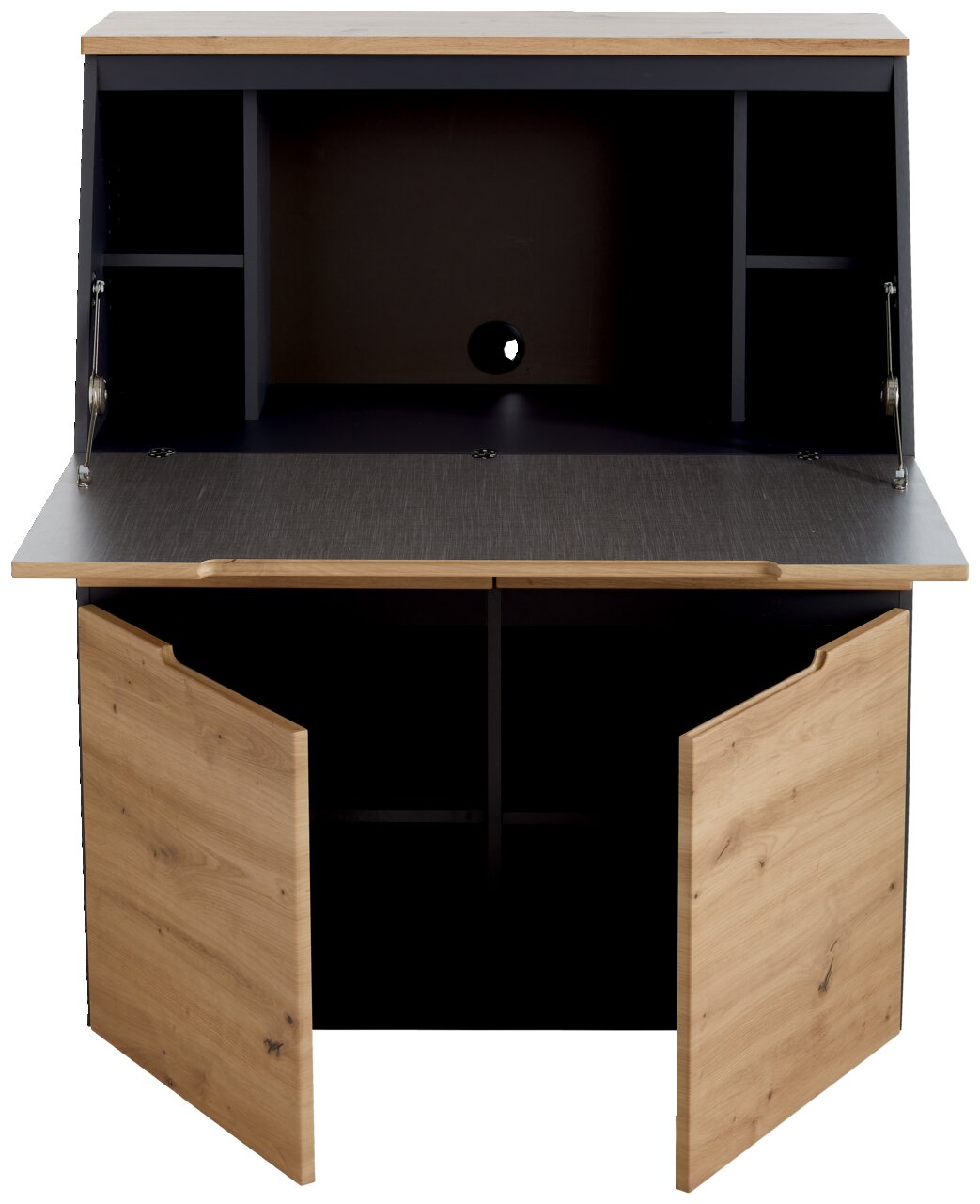 Moderner Sekretär mit geöffneter Arbeitsfläche und Schranktüren, aus Holz und dunklem Material, frontal betrachtet.