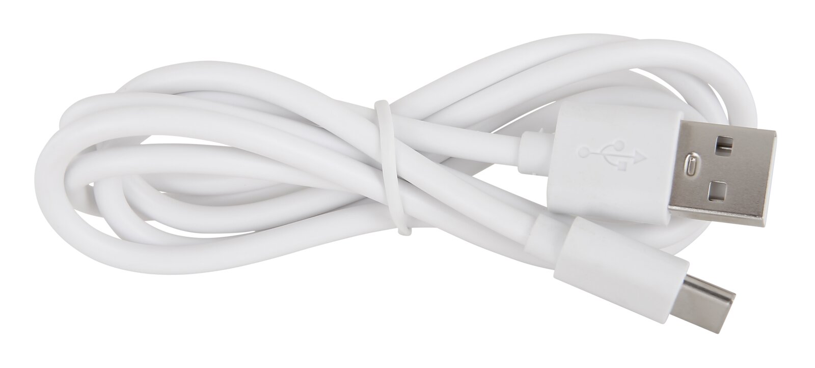 Weißes USB-Kabel mit USB-A- und USB-C-Stecker, von oben fotografiert