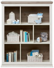 Regal mit mehreren Fächern, gefüllt mit Kinderbüchern, Spielzeug und Körben, aus einer frontalen Perspektive.