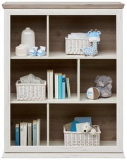 Regal mit mehreren Fächern, gefüllt mit Kinderbüchern, Spielzeug und Körben, aus einer frontalen Perspektive.