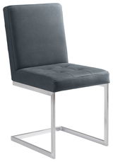 Freischwinger-Stuhl mit grauem Polster und Metallgestell, seitliche Perspektive